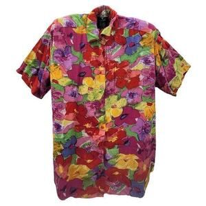 Sasson Pink Red Floral Beaded Short‎ Sleeve Vintage Button Up Blouse Top